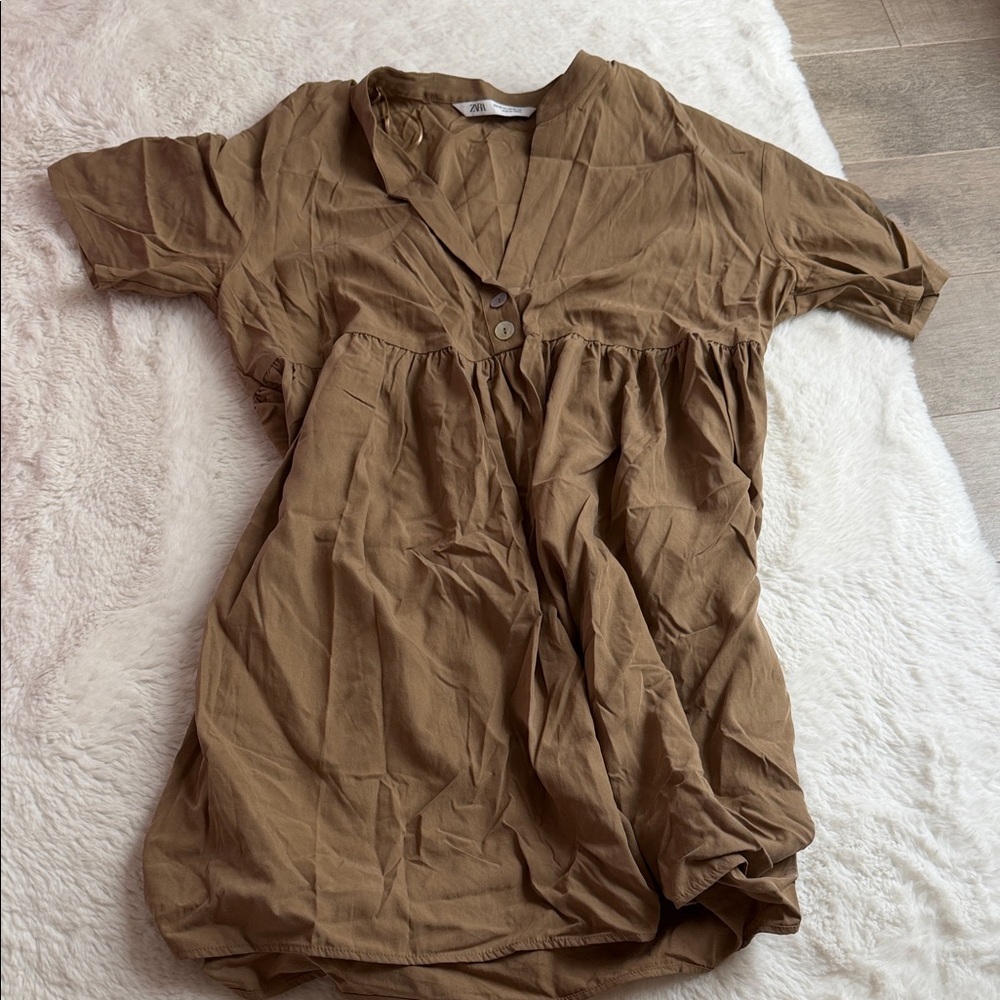 Zara Brown V-Neck Button-Down Shirt